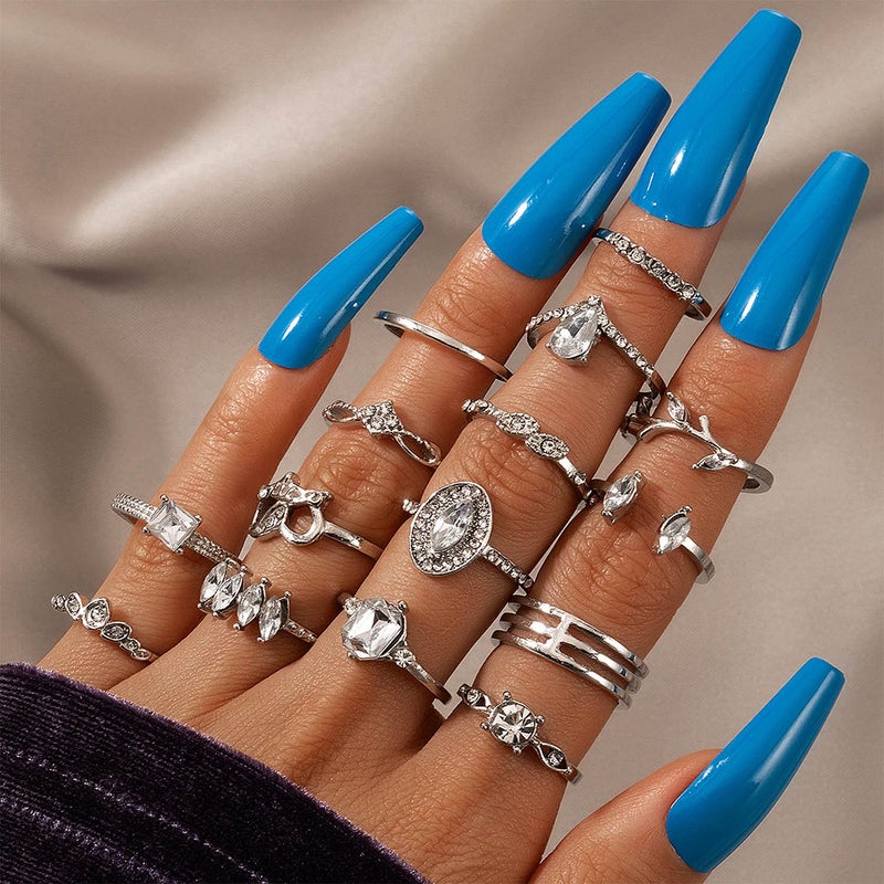 BELICEY 9-15PCS Knuckle Stacking Rings Set for Women Crystal Rhinestone Finger Statement Ring Sets Vintage Joint Knot Mid Rings Stackable Rings Jewelry Accessories (Silver-Cryst Rhinestone) - Image 2